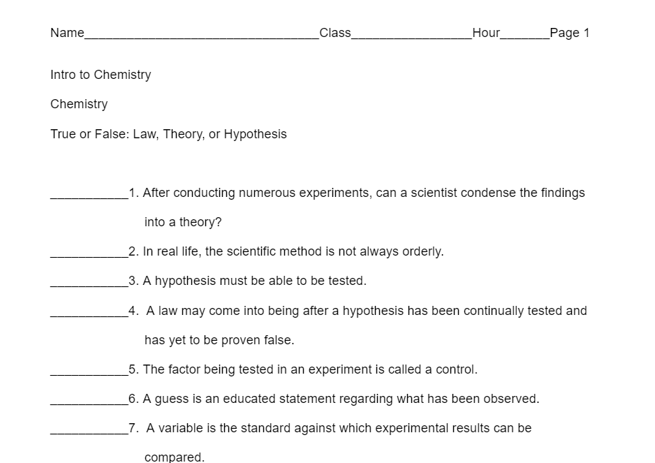 True or False- Hypothesis, Law, and Theory - Classful