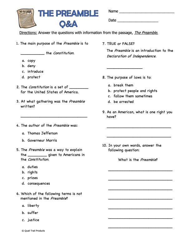 The PREAMBLE to the U.S. CONSTITUTION Learning Activities - Classful