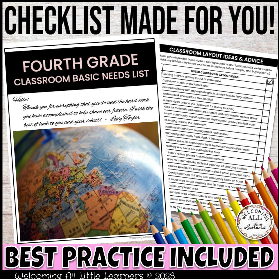 Checklist Back To School, New Teacher Help- Fourth Grade (4th ...