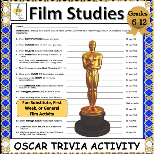 FILM STUDIES: OSCAR Trivia Puzzle for Film, Advisory, or Film as Literature Classes (Grades 6-12)'s featured image