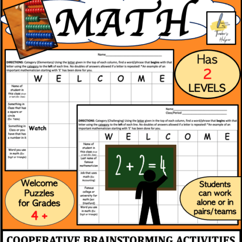 MATH: 2 Easy to Challenging Leveled Cooperative Brainstorming WELCOME Activities (Grades 4+)'s featured image