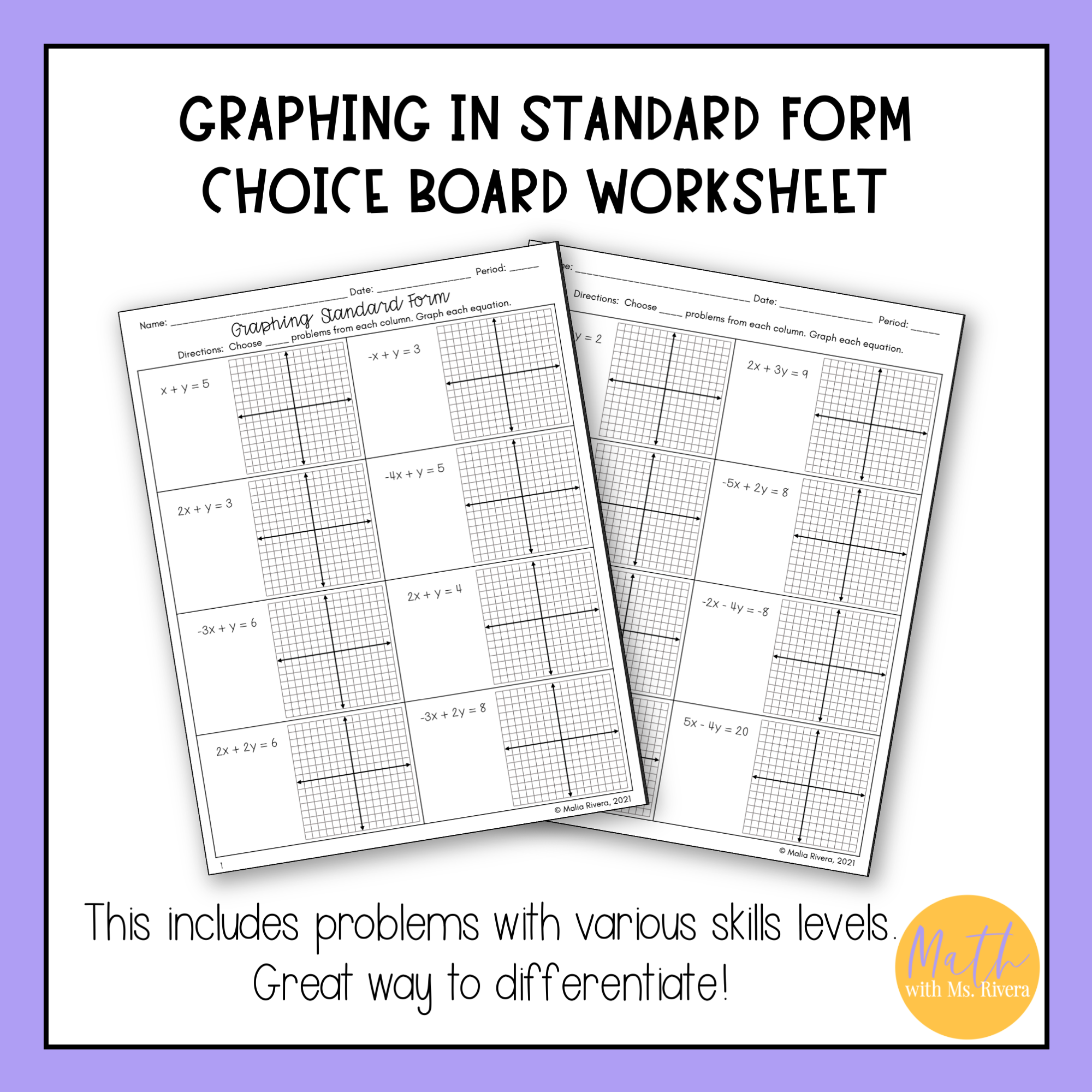 Graphing Linear Equations in Standard Form Choice Board Worksheet for ...