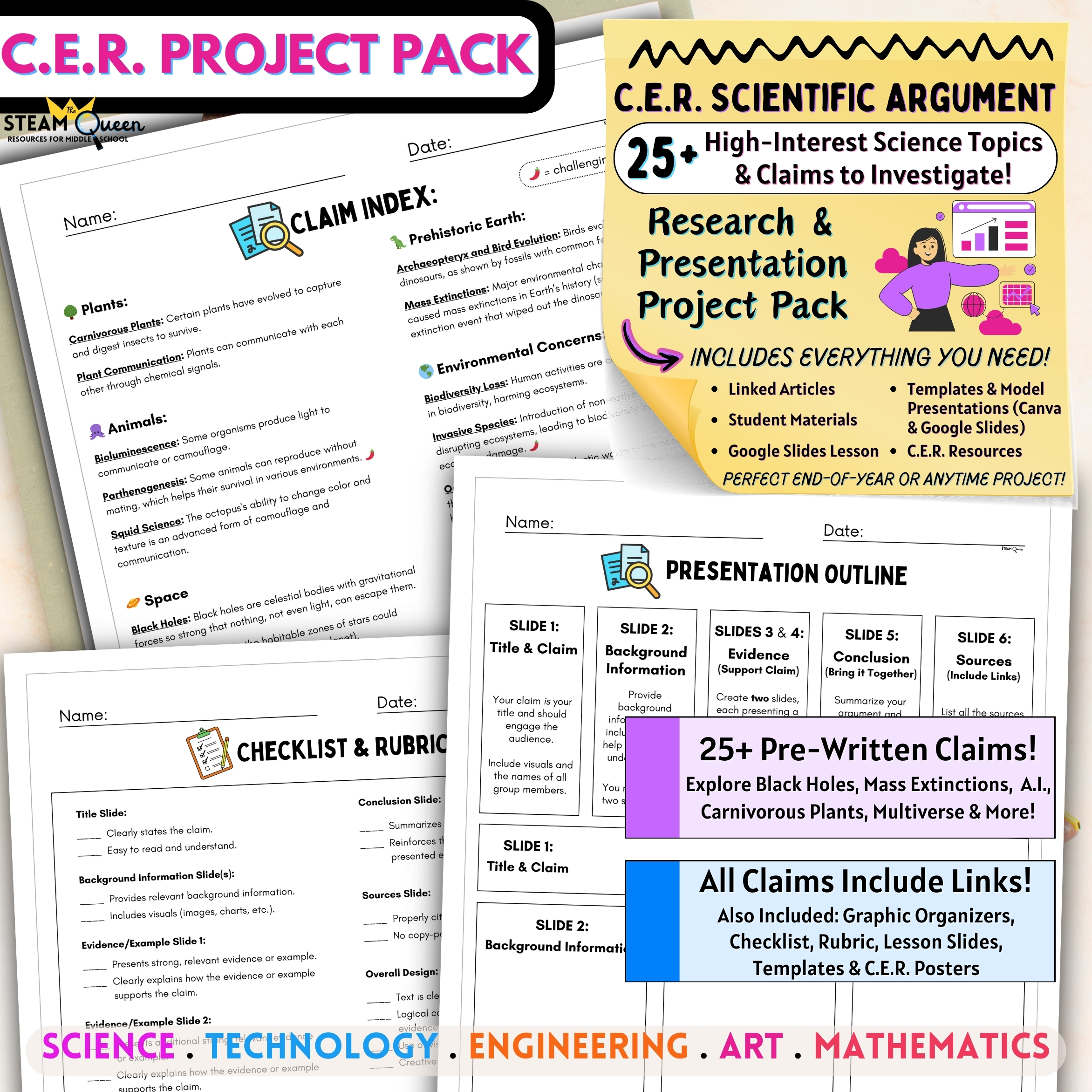 CER Presentation Project for Middle School 25 Pre-Made Claims, Engaging ...