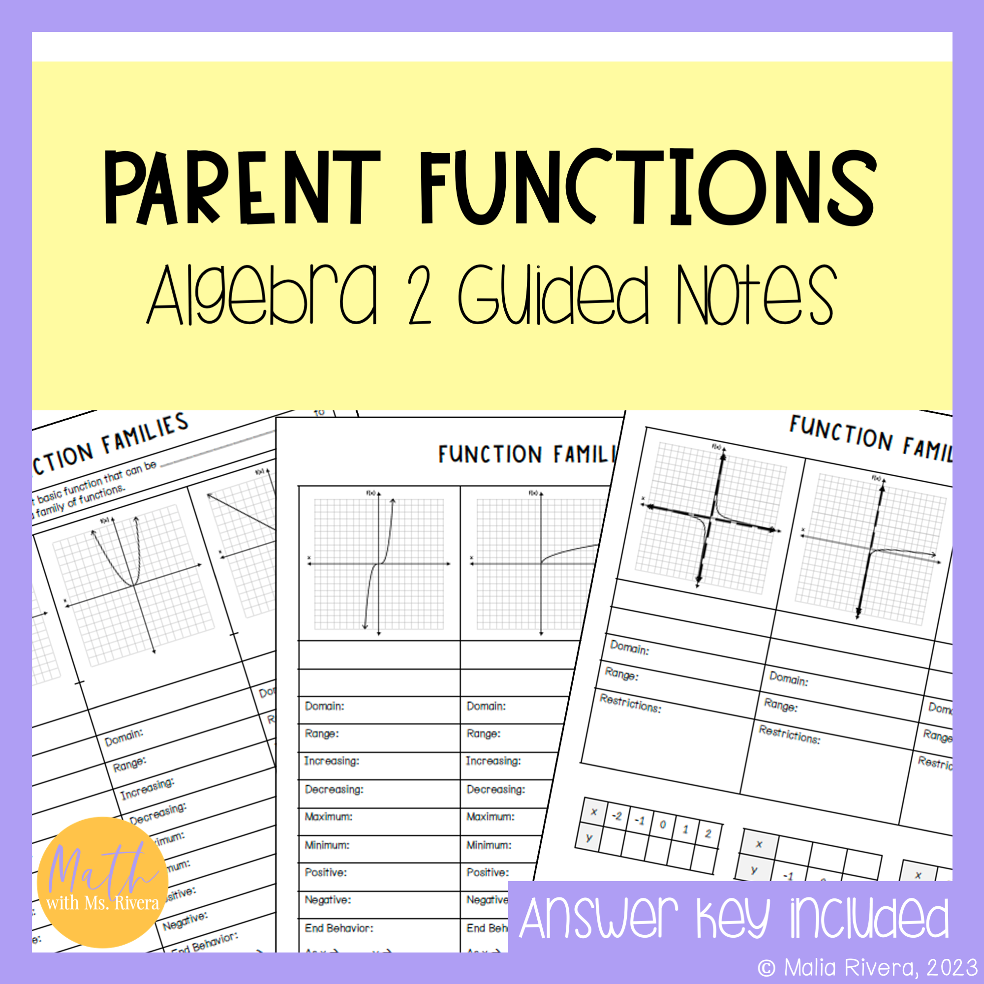 Parent Form Math Parent Functions and Function Families Guided Notes for Algebra 2 ...