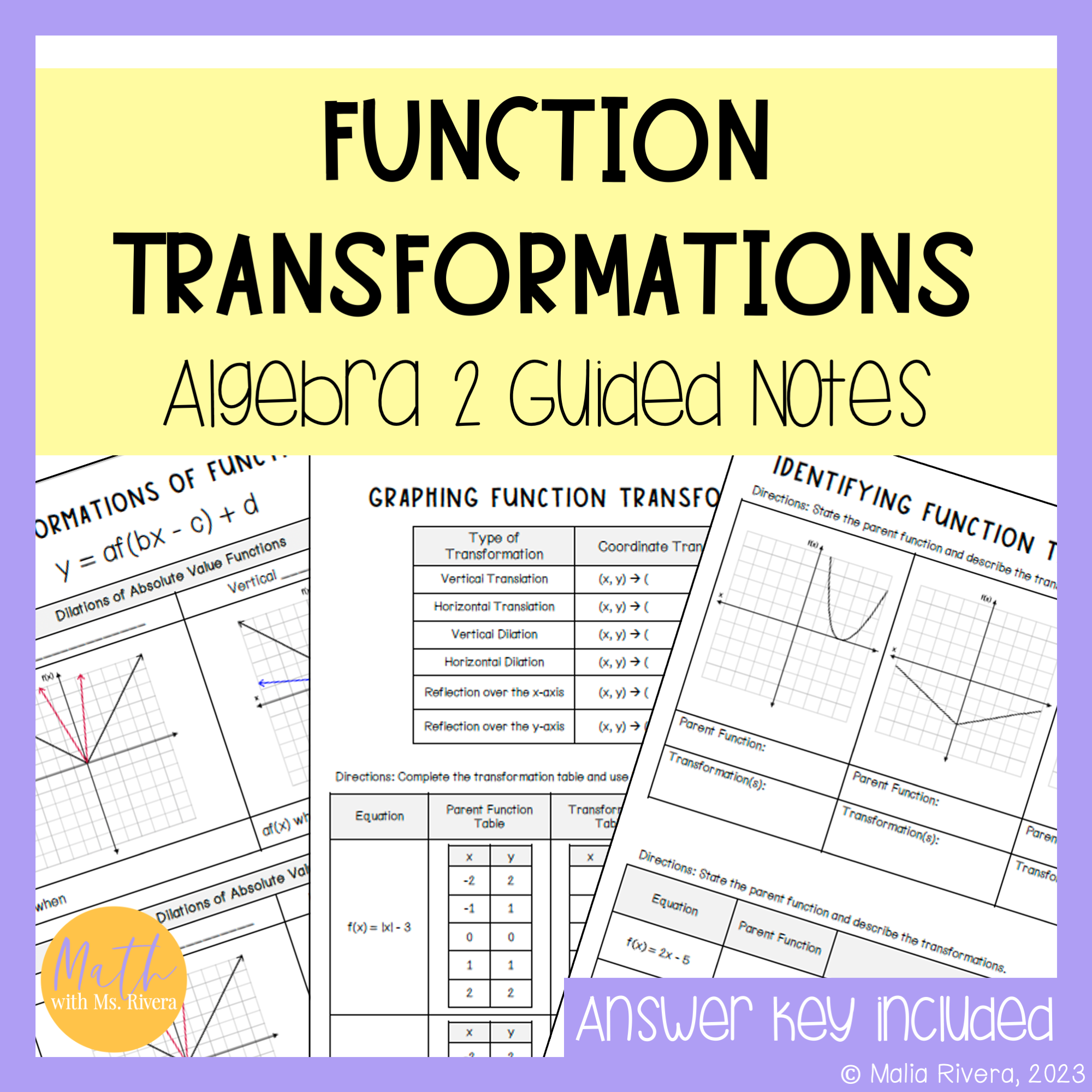 Transformations of Functions Guided Notes for Algebra 2 - Classful