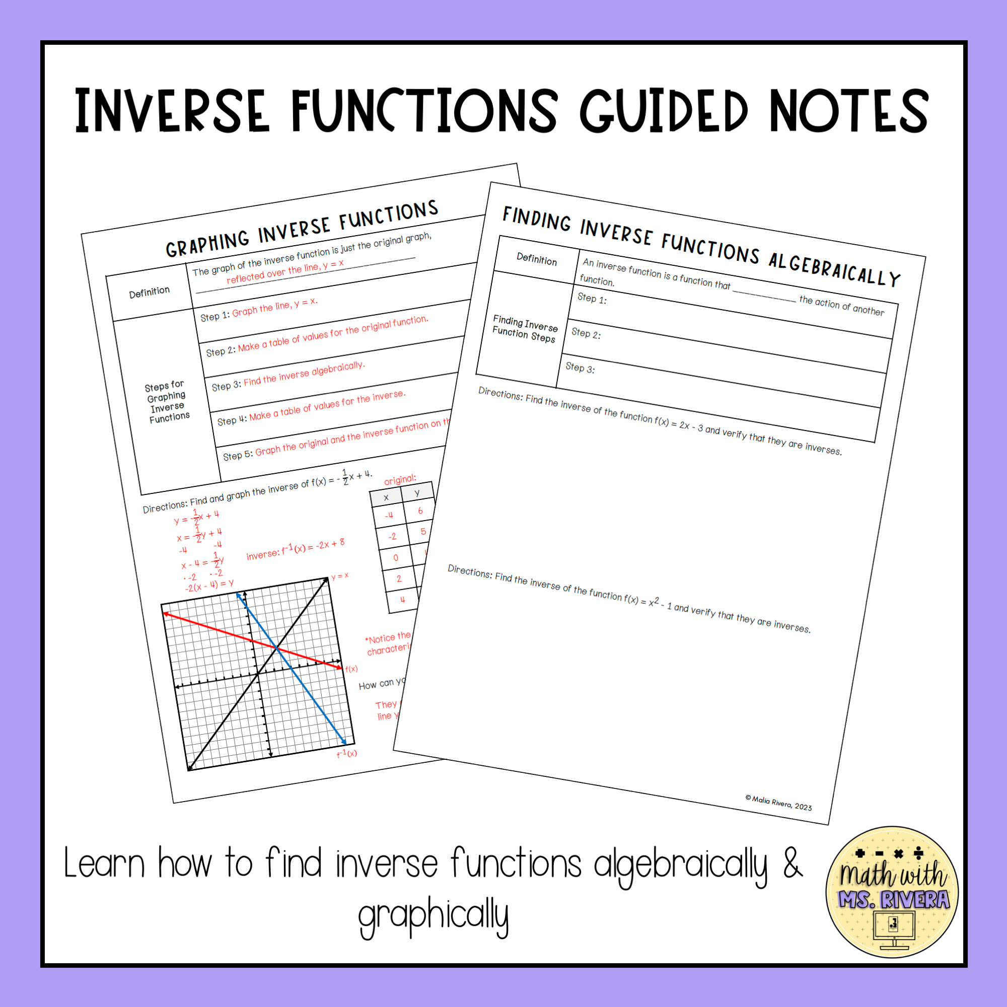 Inverse Functions Guided Notes for Algebra 2 - Classful