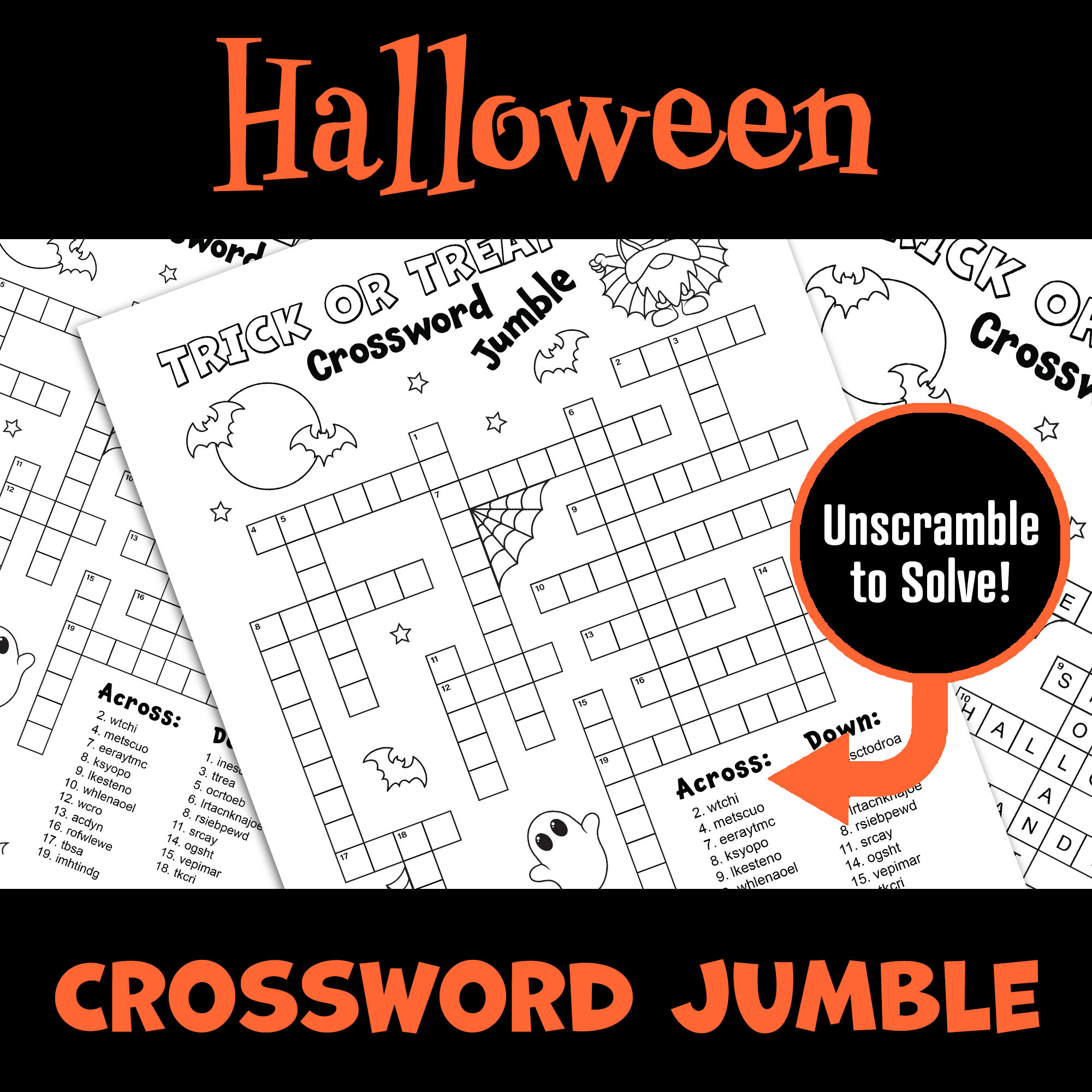 Halloween Crossword Puzzle | Fall Word Scramble Game | Autumn Activity ...