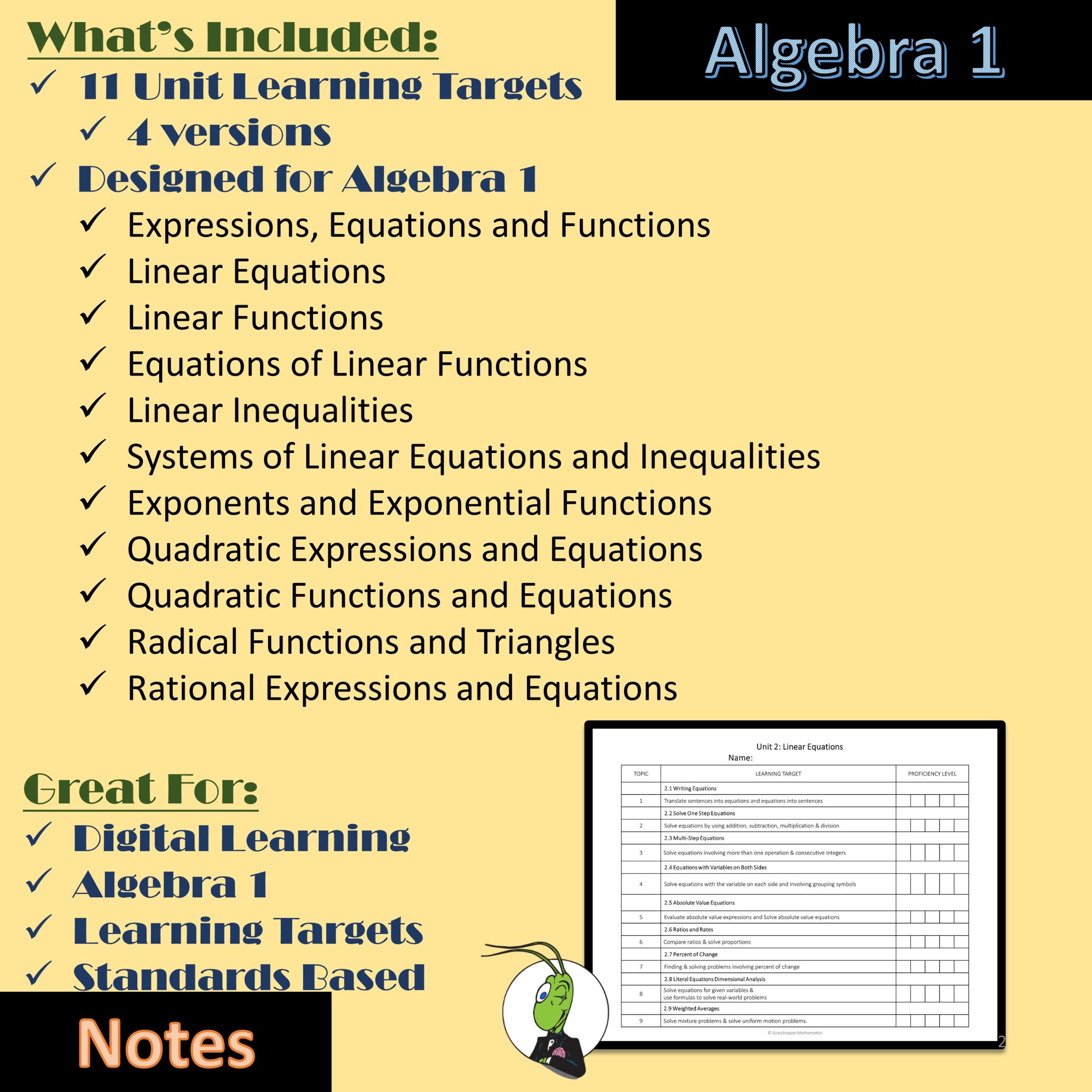 Algebra 1 Learning Targets for Standards Based Grading - Classful