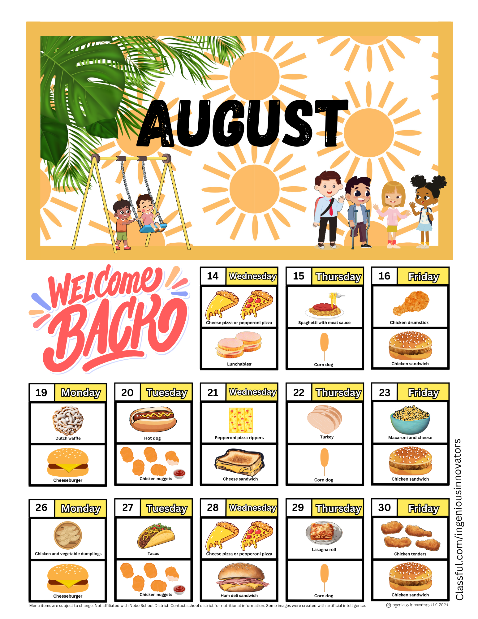 NEBO August picture lunch menu 2024 (Only August). Classful