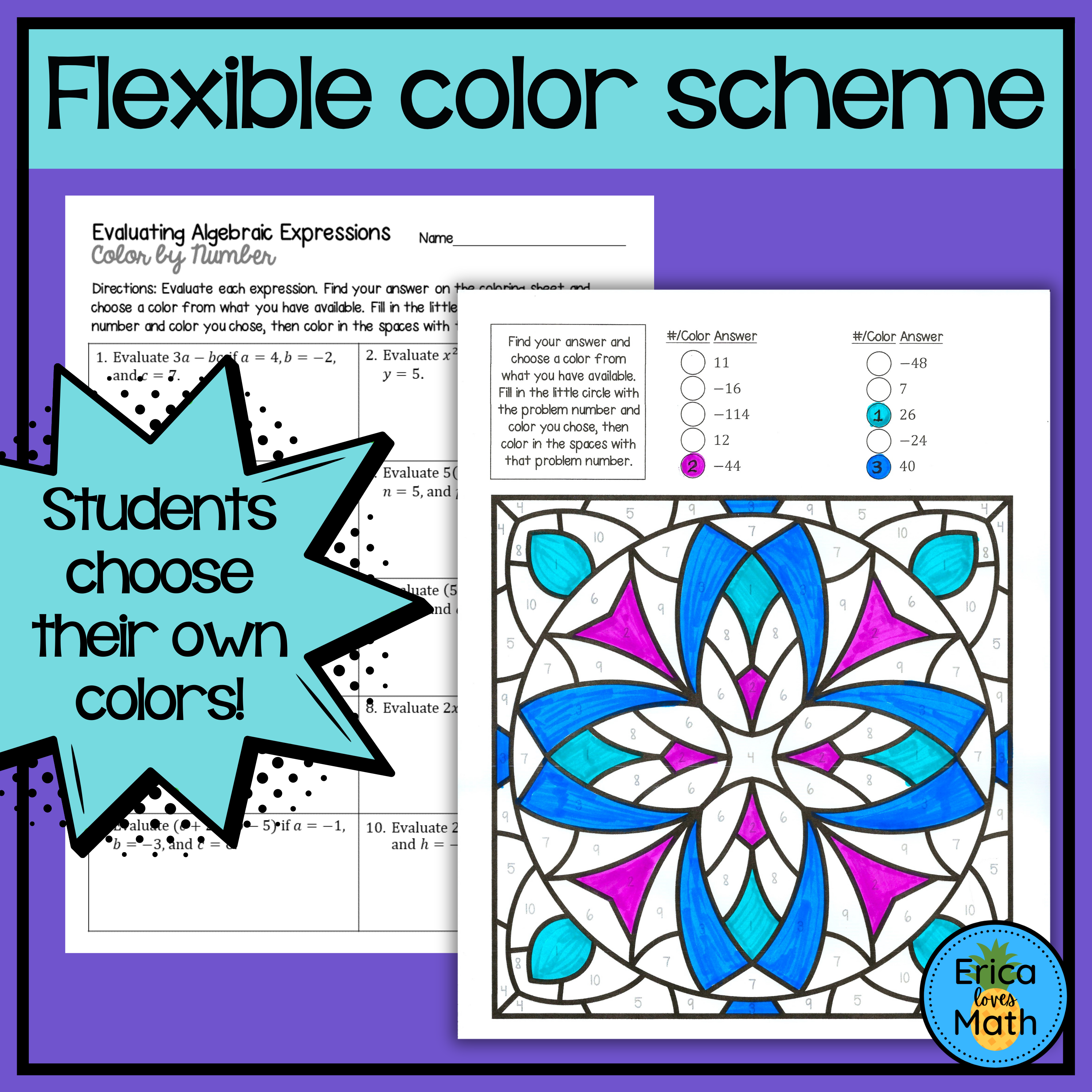 Evaluating Algebraic Expressions Color by Number Activity w/ Order of ...