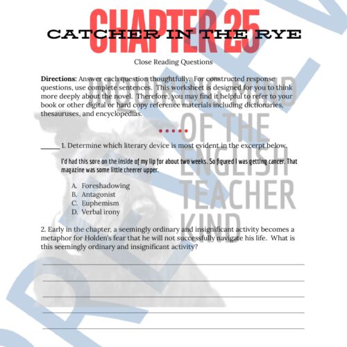 Catcher in the Rye Chapter 25 Close Reading Analysis Worksheet - Classful