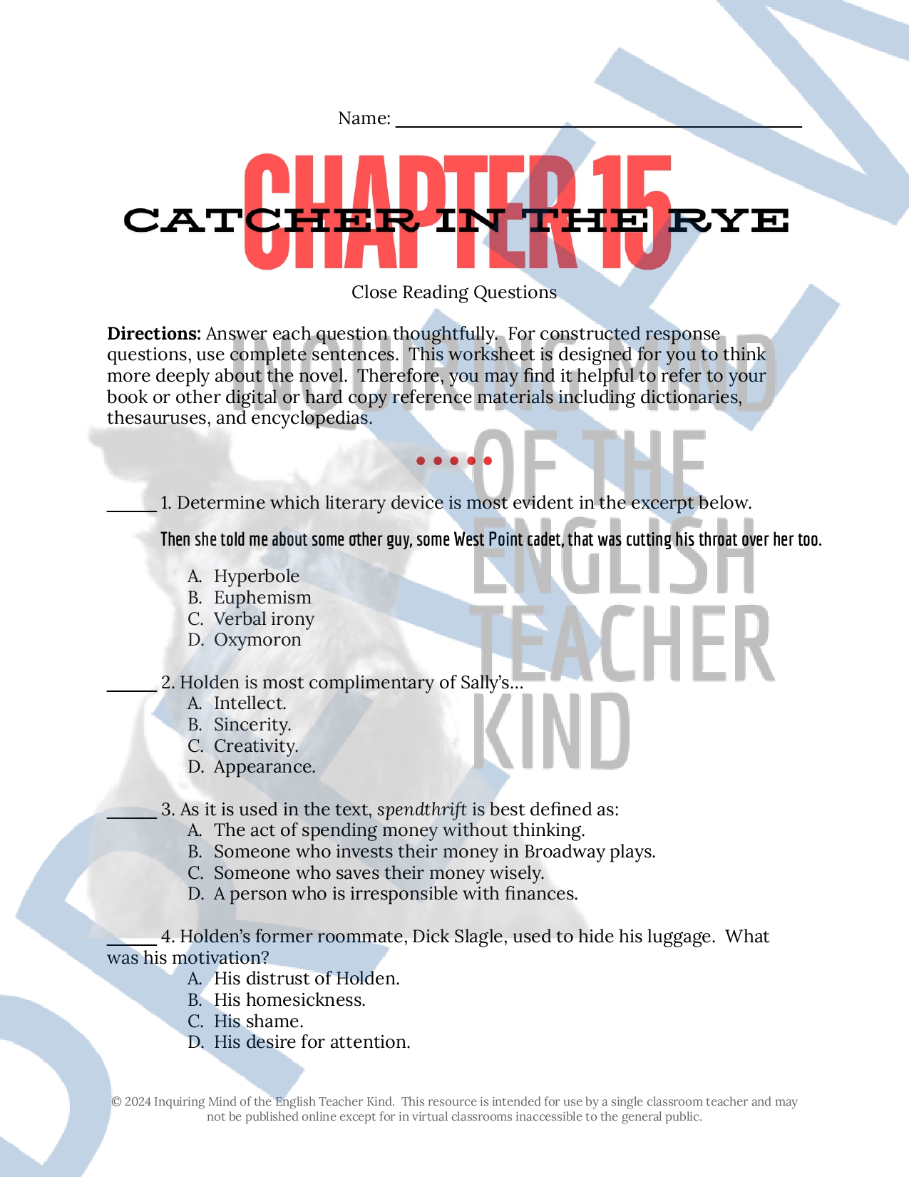 Catcher in the Rye Quiz, Close Reading, Test, and Answer Key Bundle ...