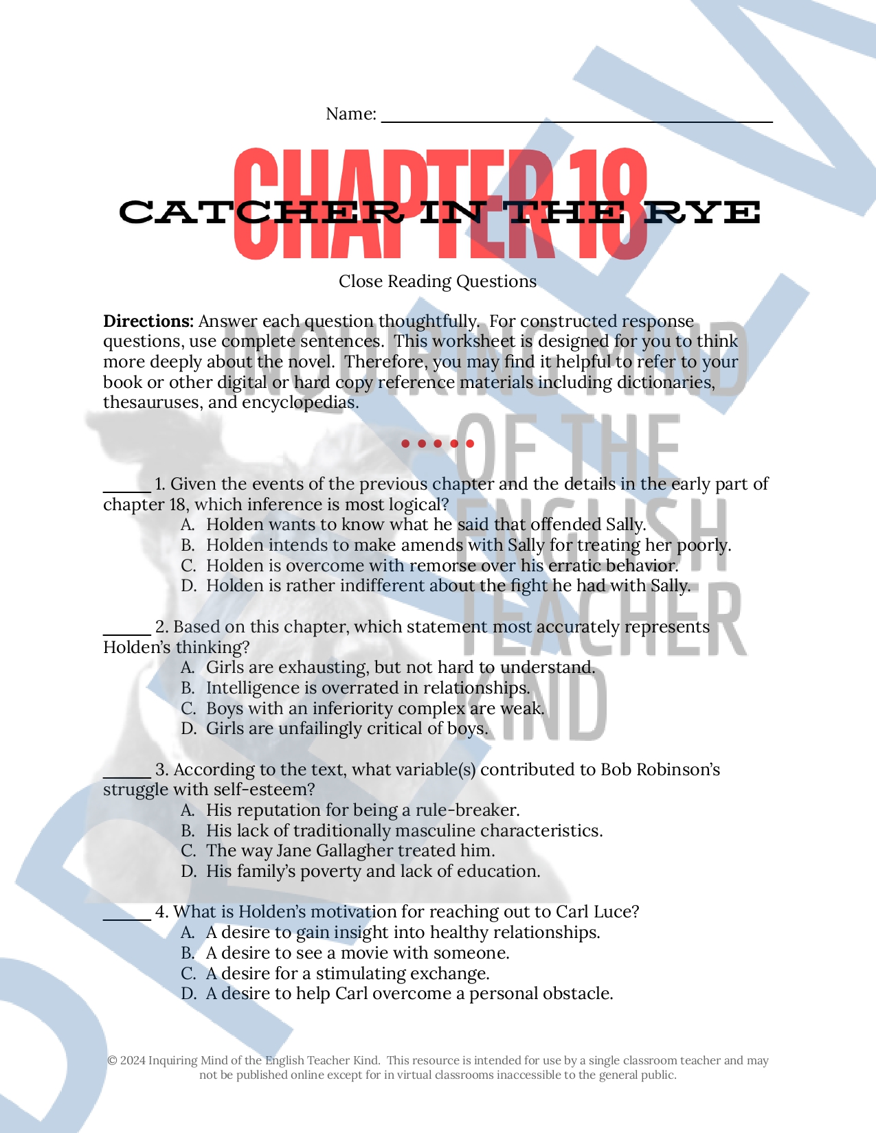 Catcher in the Rye Quiz, Close Reading, Test, and Answer Key Bundle ...