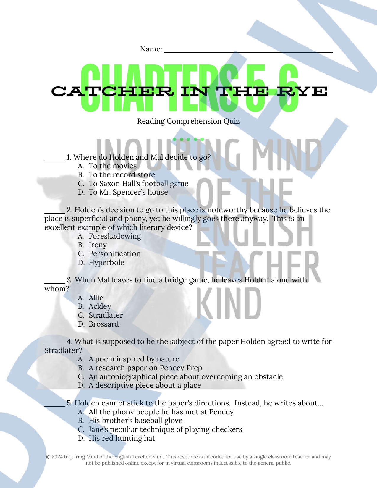 Catcher in the Rye Chapters 5 and 6 Quiz and Answer Key - Classful