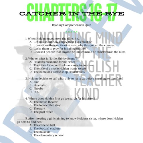Catcher in the Rye Chapters 16 and 17 Quiz and Answer Key - Classful
