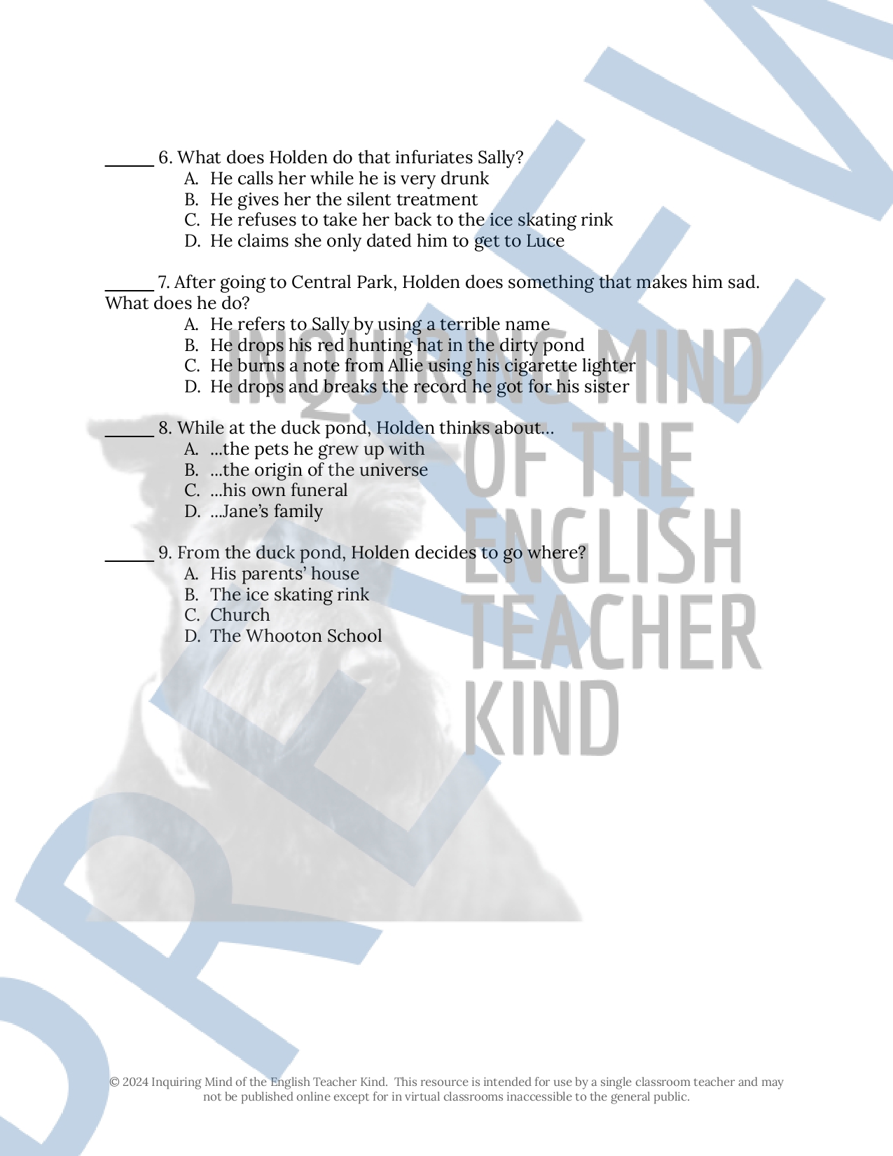 Catcher in the Rye Chapters 18 through 20 Quiz and Answer Key - Classful