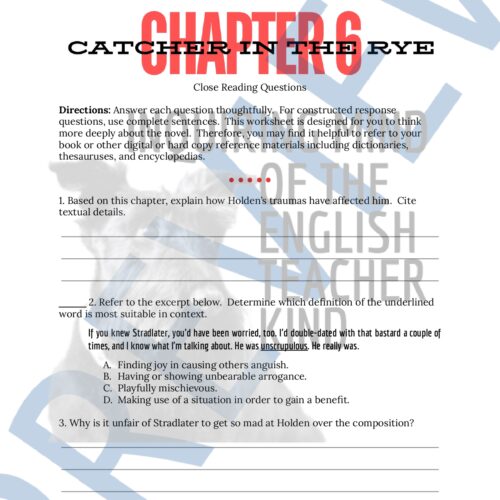 Catcher in the Rye Chapters 5-6 Quiz and Close Reading Worksheets ...