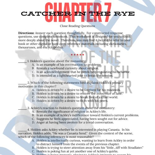 Catcher in the Rye Chapters 7-9 Quiz and Close Reading Worksheets ...