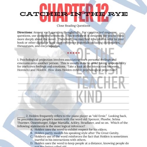 Catcher in the Rye Chapters 10-12 Quiz and Close Reading Worksheets ...