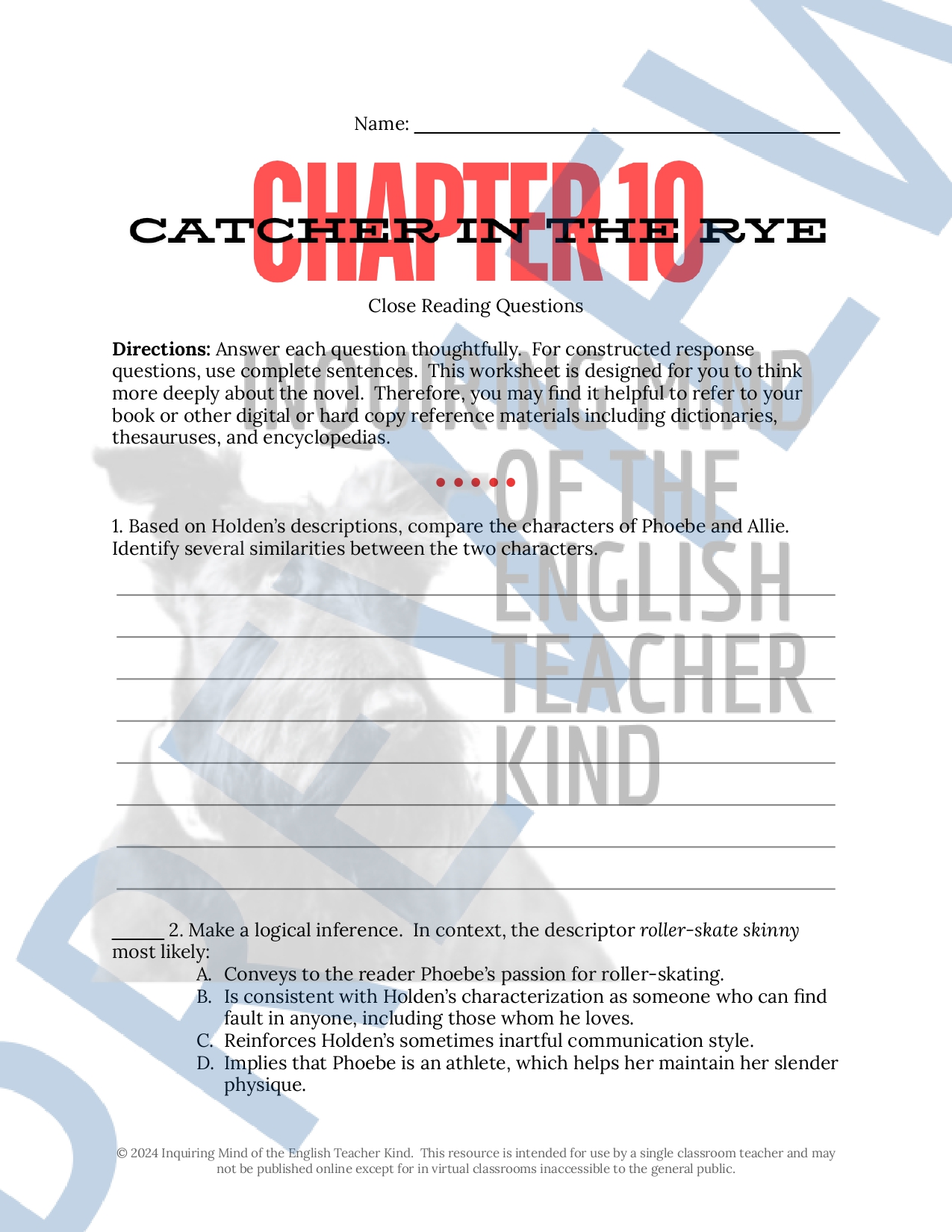 Catcher in the Rye Chapters 10-12 Quiz and Close Reading Worksheets ...