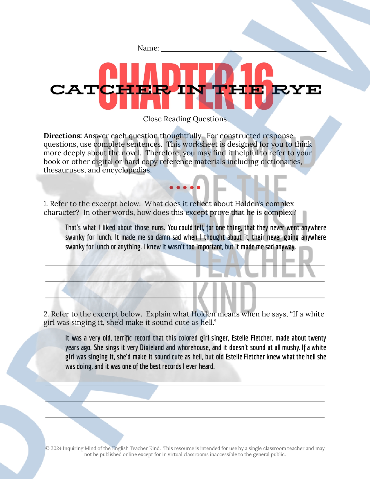 Catcher in the Rye Chapters 16 and 17 Quiz and Close Reading Worksheets ...