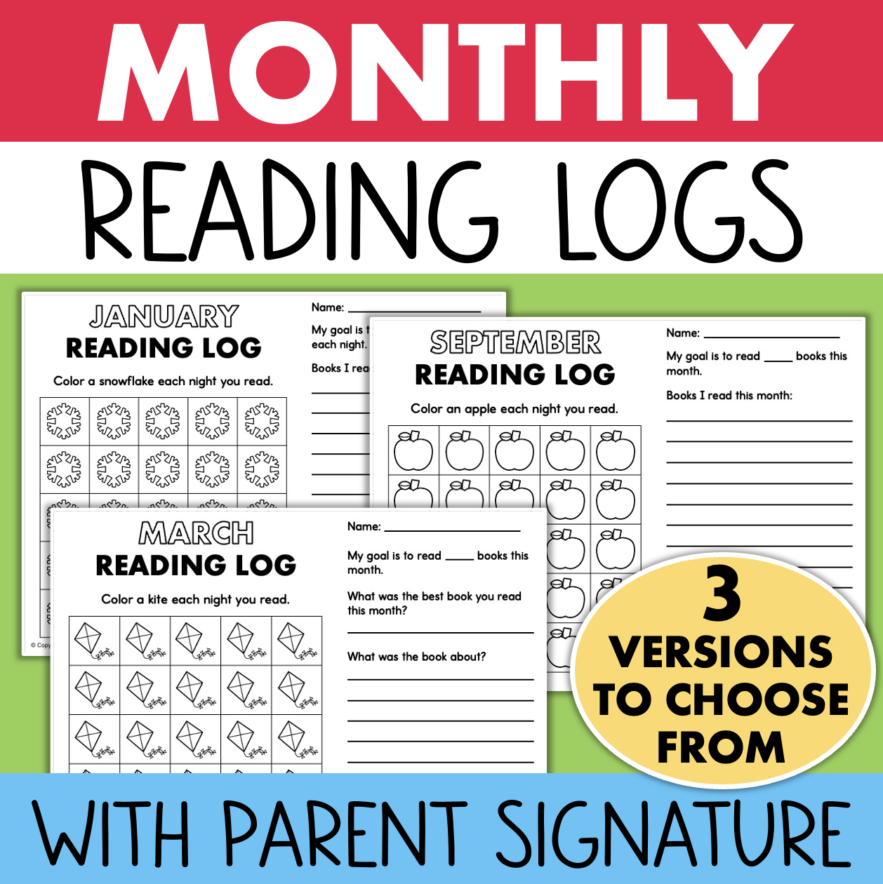 Monthly Reading Log with Parent Signature WHOLE YEAR 3 Versions - Classful