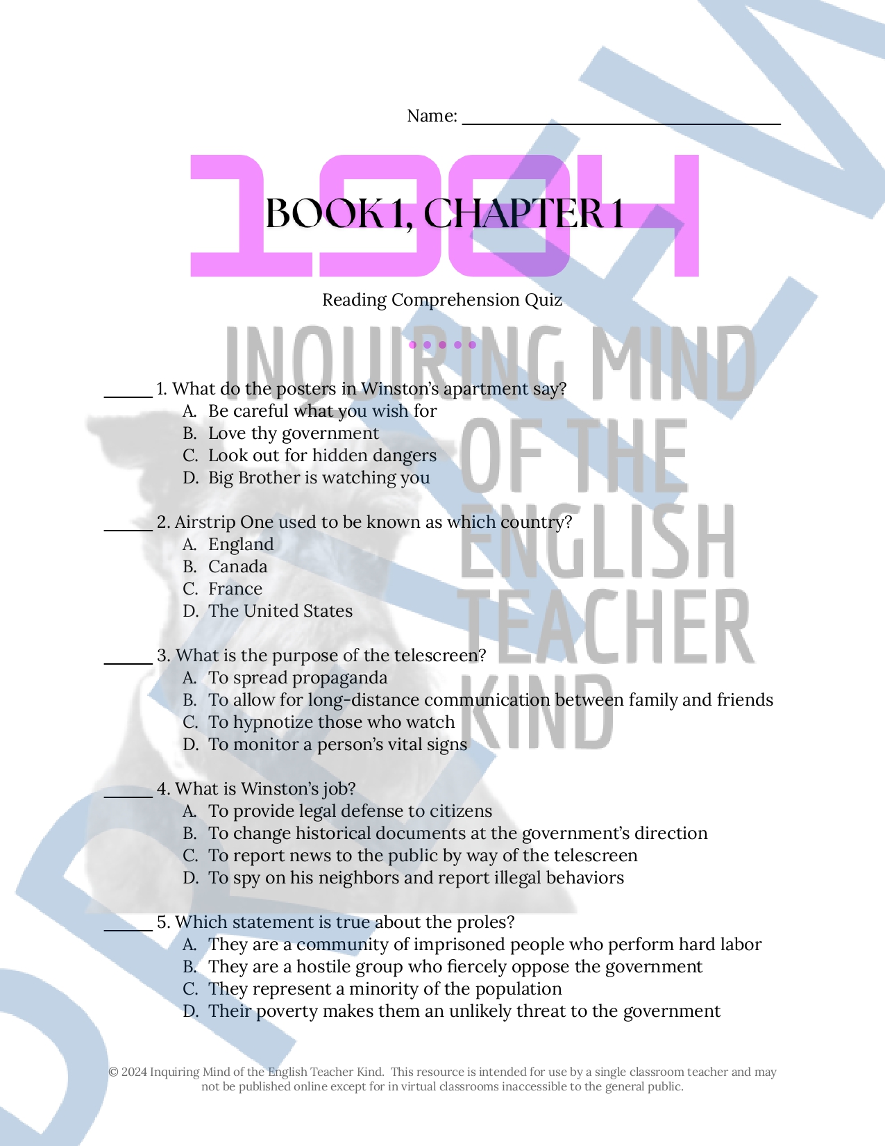 1984 Book 1 Chapter 1 Quiz and Answer Key for High School - Classful