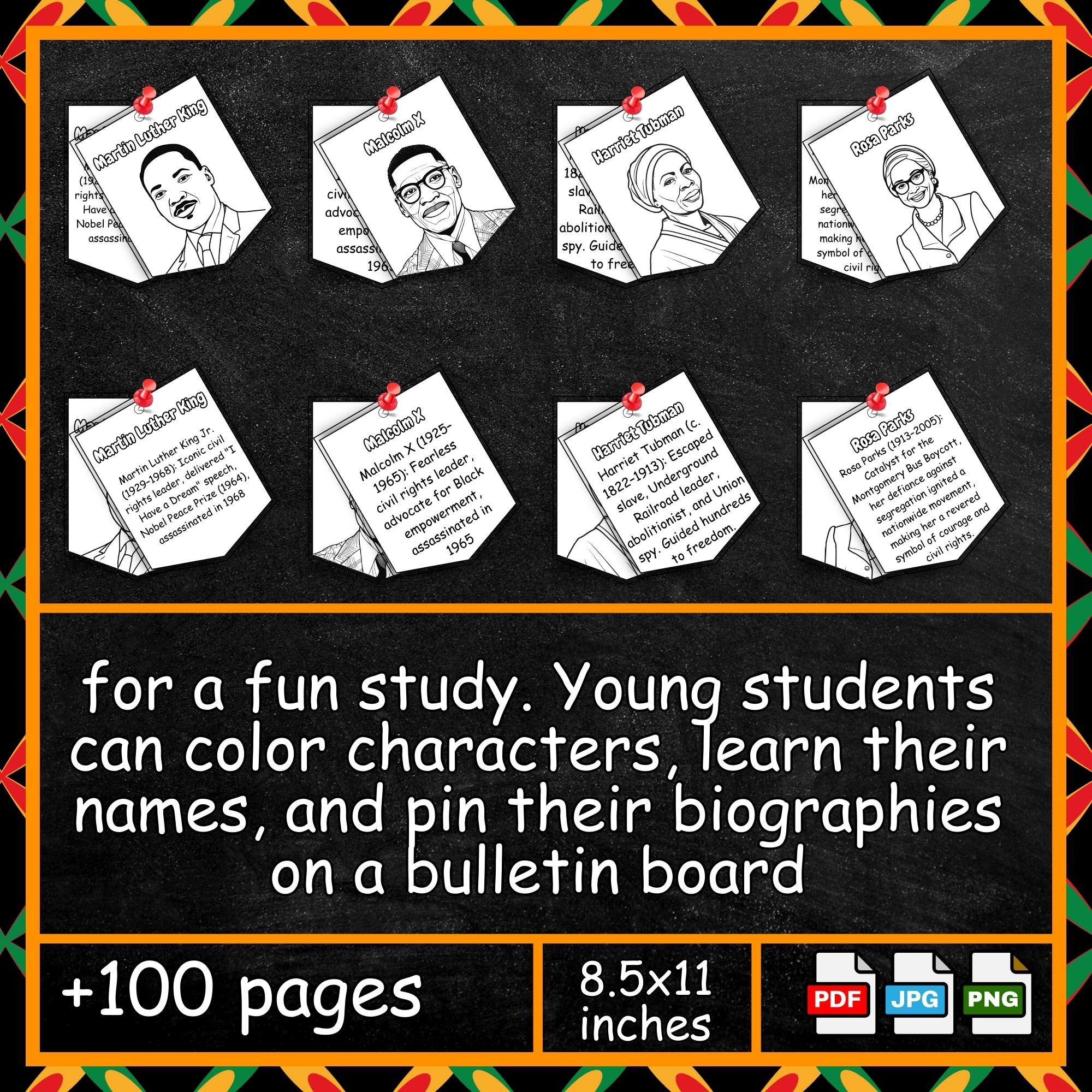 Black history month bulletin board | 46 Black Heroes Coloring Biography ...