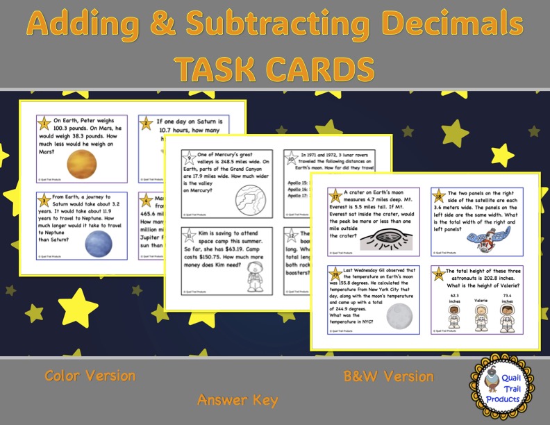 Adding and Subtracting Decimals Task Cards | Solar System Theme - Classful