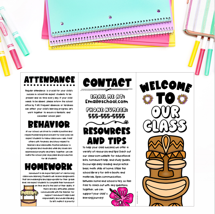 Back to School Meet the Teacher Open House Tropical Luau Theme Brochure ...