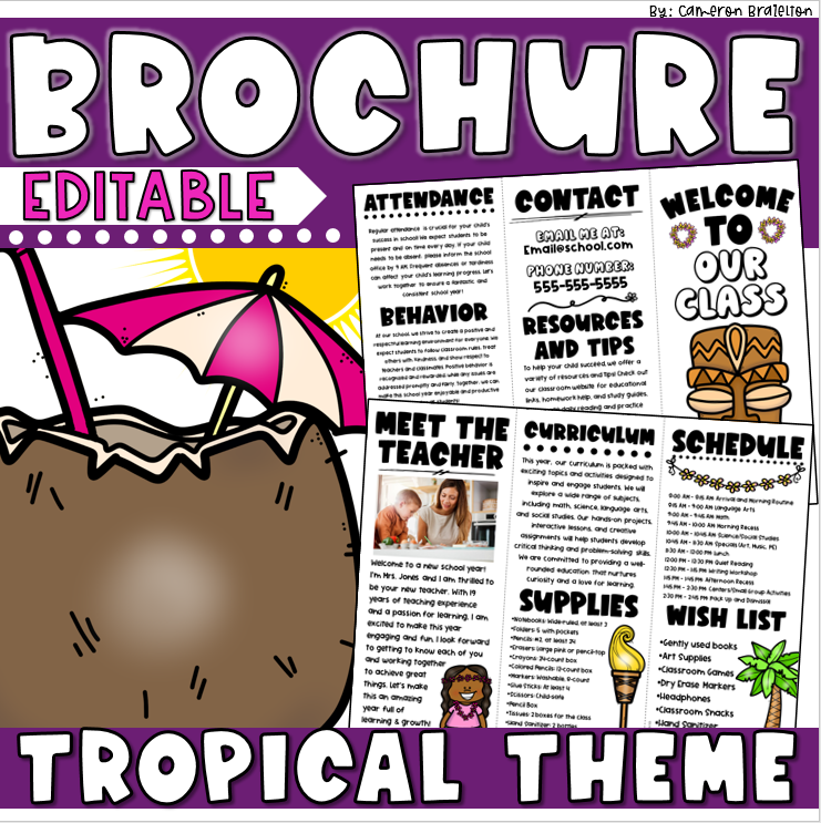 Back to School Meet the Teacher Open House Tropical Luau Theme Brochure ...