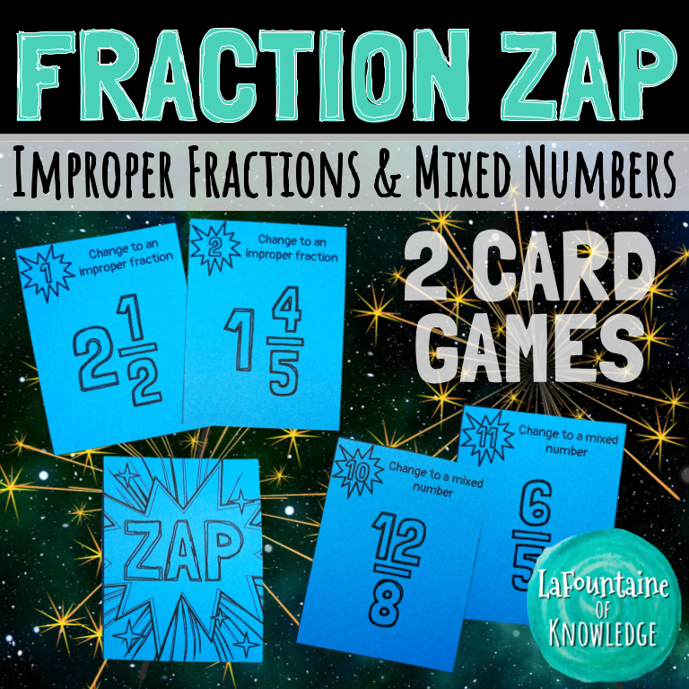 Fraction Zap Improper Fractions to Mixed Numbers 2 Practice Card Games ...