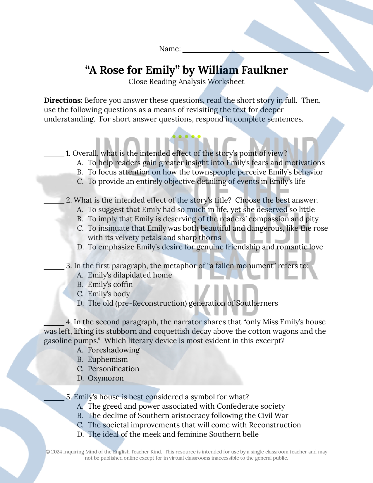 A Rose for Emily by William Faulkner Close Reading Analysis Worksheet -  Classful, image size:1275x1650