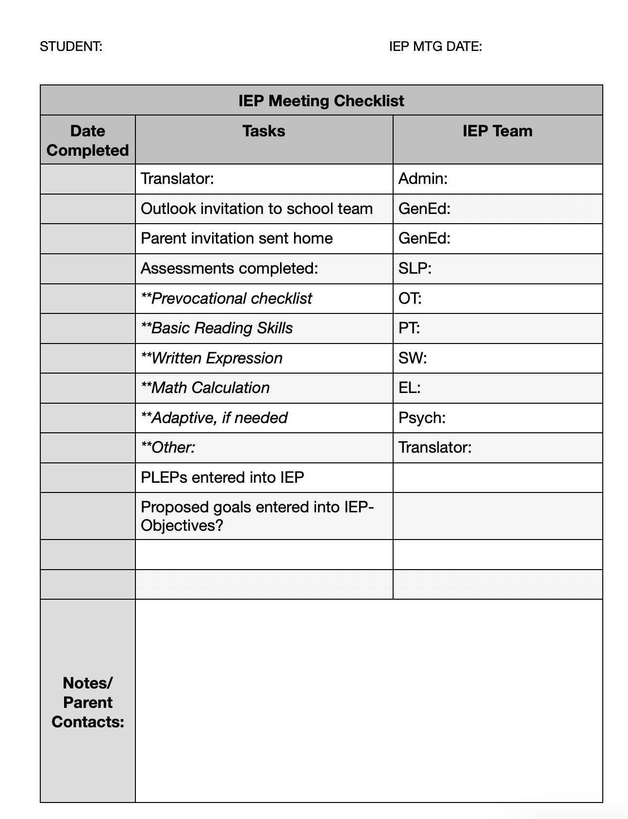 IEP Meeting Planning Checklist- EDITABLE - Classful