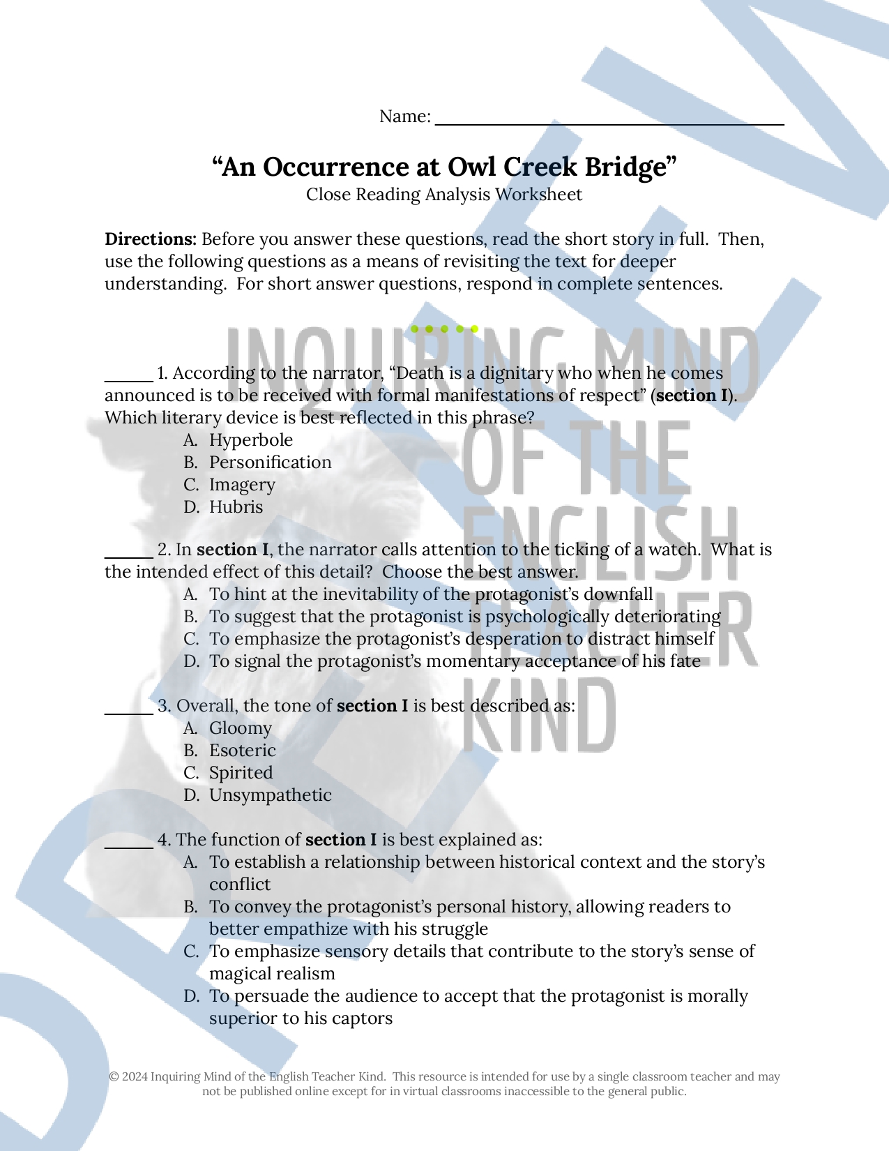 An Occurrence at Owl Creek Bridge Close Reading Analysis Worksheet 