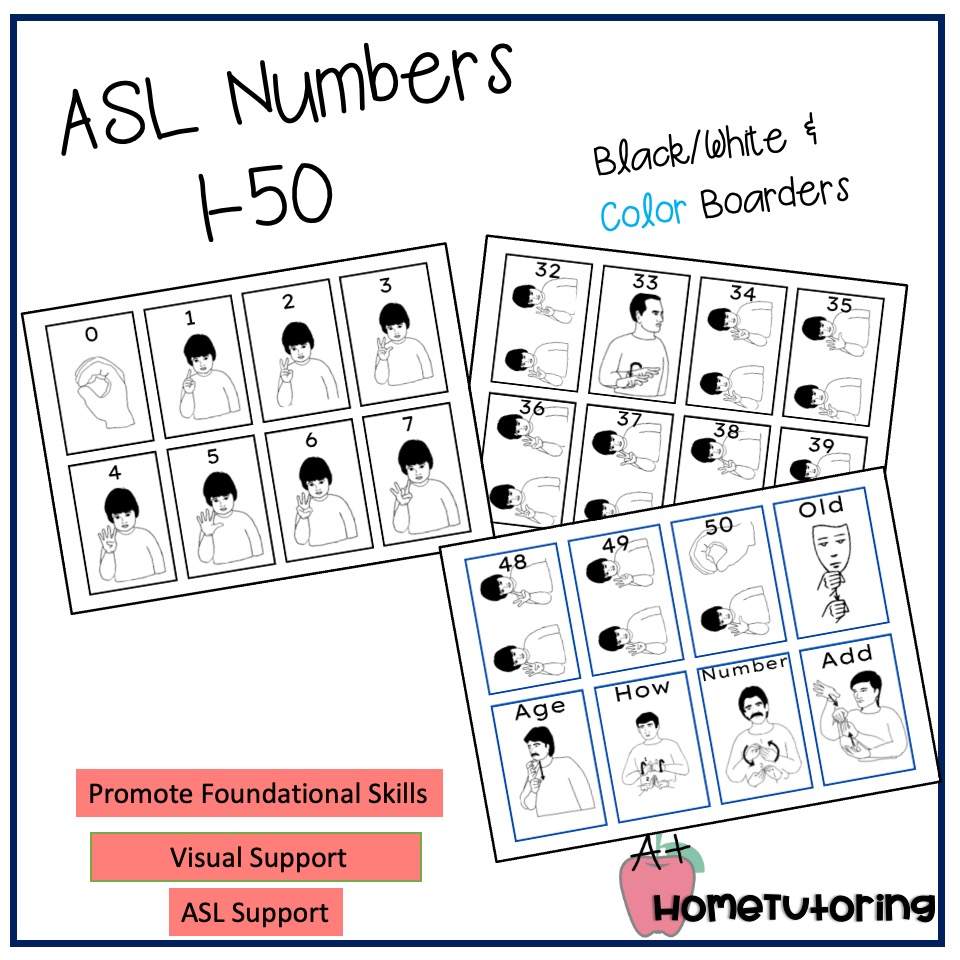 ASL Numbers 1-50 Flashcards B/W & Color Boarders - Classful