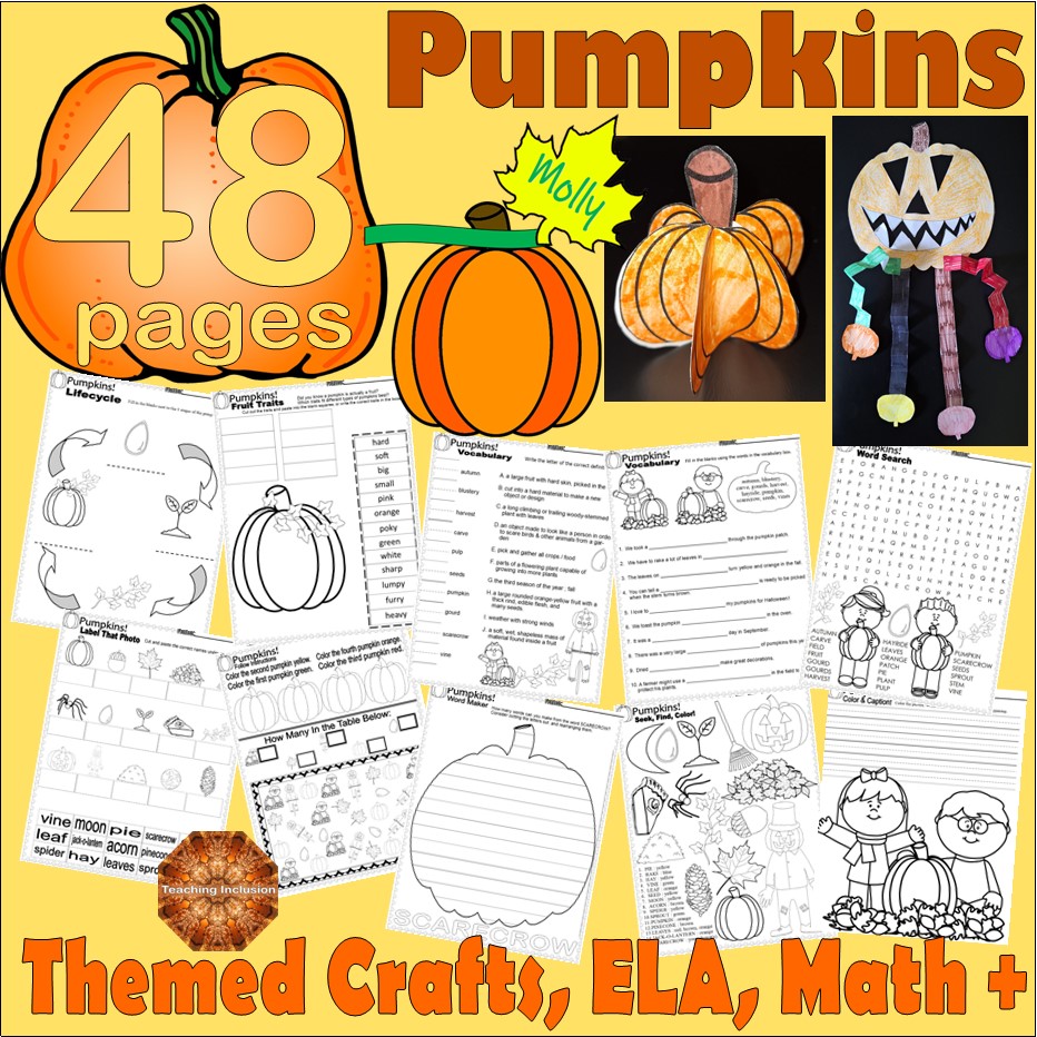 Pumpkins worksheets language arts sped math writing fall autumn themed no  prep - classful