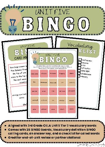 CKLA Grade 3 Unit 5 - Light and Sound Vocabulary BINGO - Classful