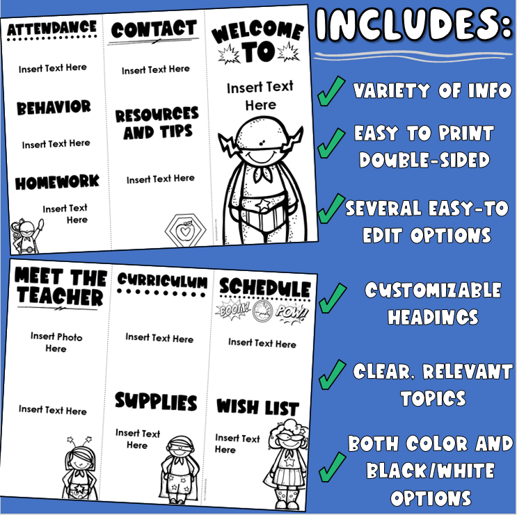 Back to School Meet the Teacher Open House Superhero Theme Brochure ...