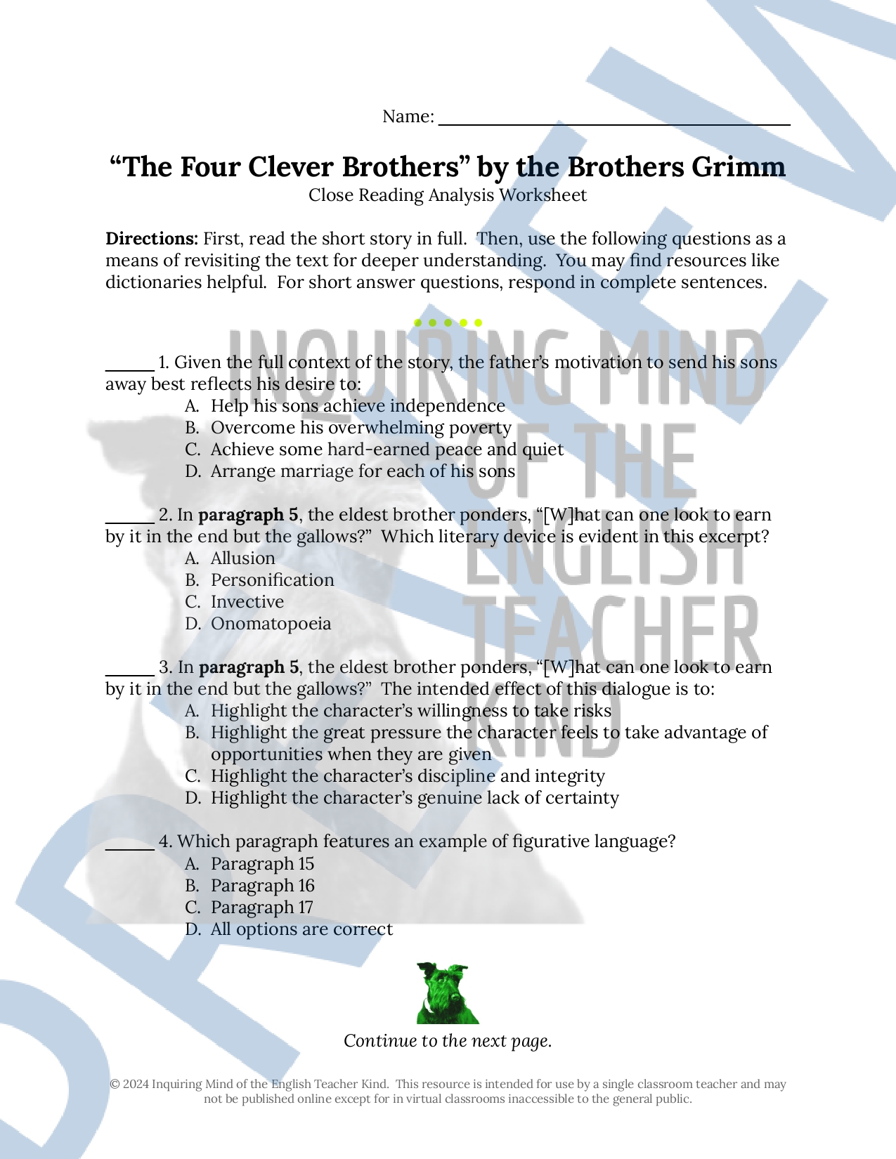 The Four Clever Brothers Close Reading Analysis Worksheet (Grimm&rsquo;s 