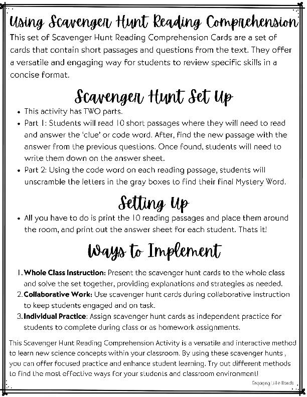 Movement Scavenger Hunt Reading Comprehension Activity - Classful