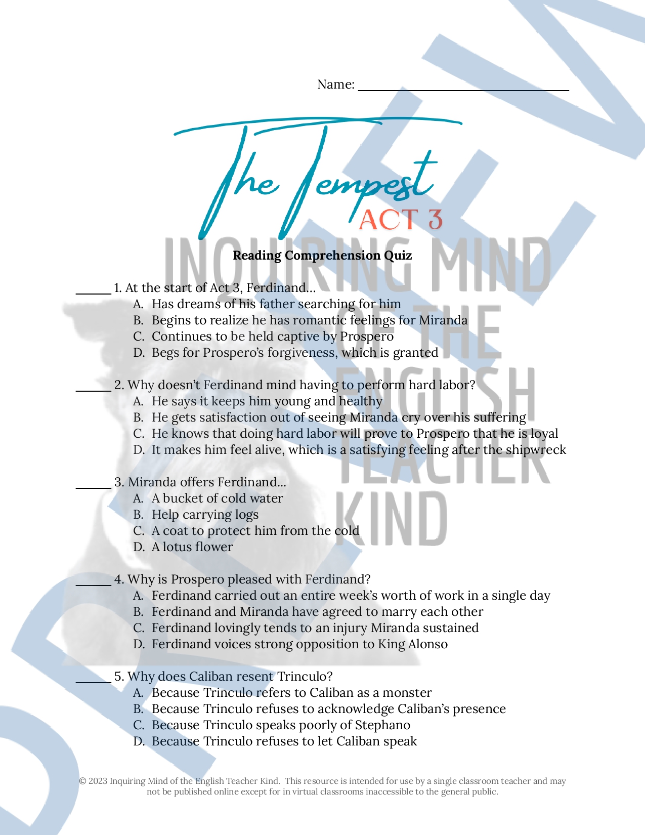 The Tempest Act 3 Quiz and Answer Key for High School - Classful