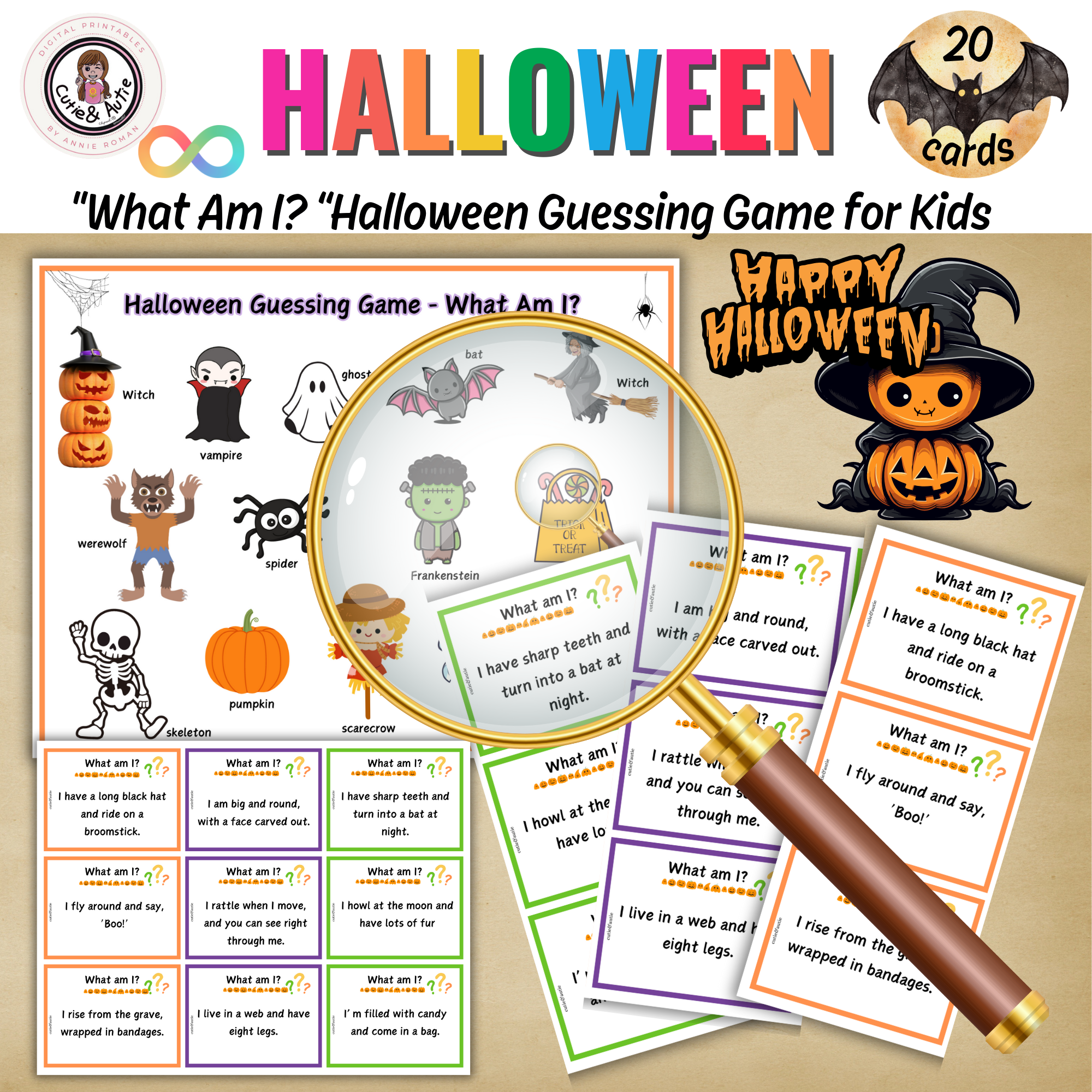 What Am I? Halloween Guessing Game for Kids 20 cards + Poster - Classful