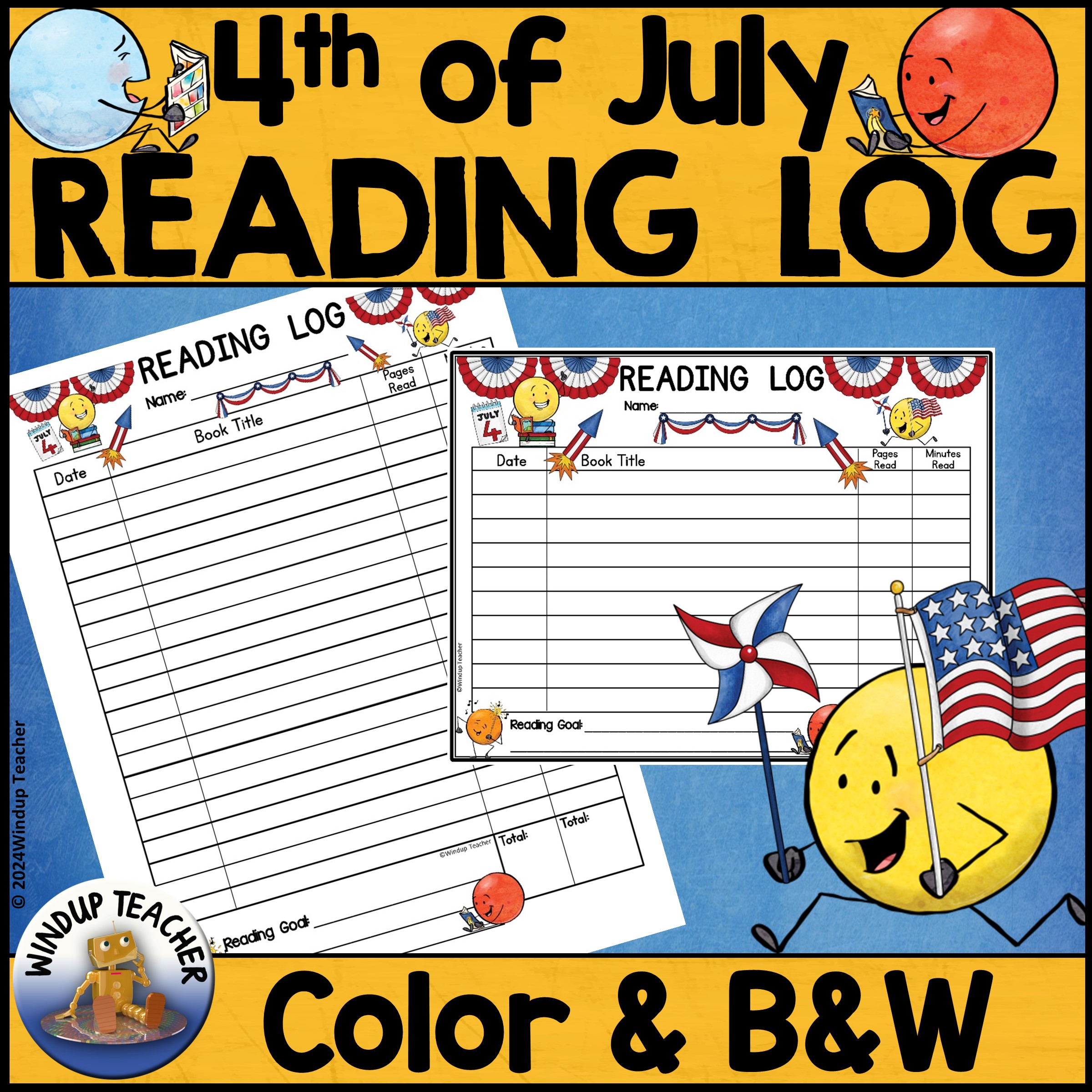 Fourth of July Summer Reading Log with Parent Signature - Color and B&W ...