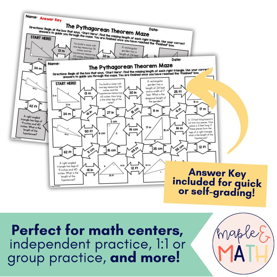 The Pythagorean Theorem Printable Maze Activity Worksheet 8th Grade ...