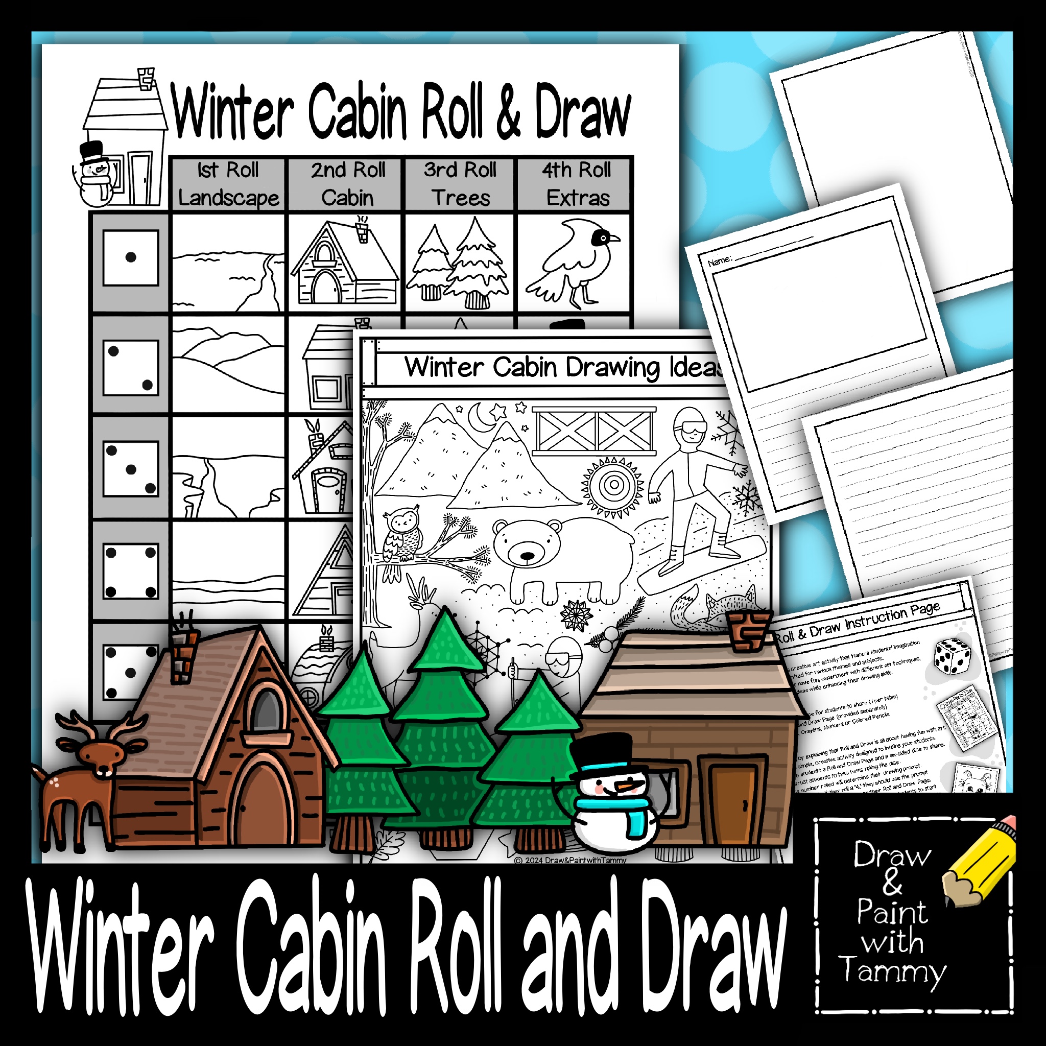 Roll a Winter Cabin Winter Roll and Draw Christmas Art Activity Game Art Sub