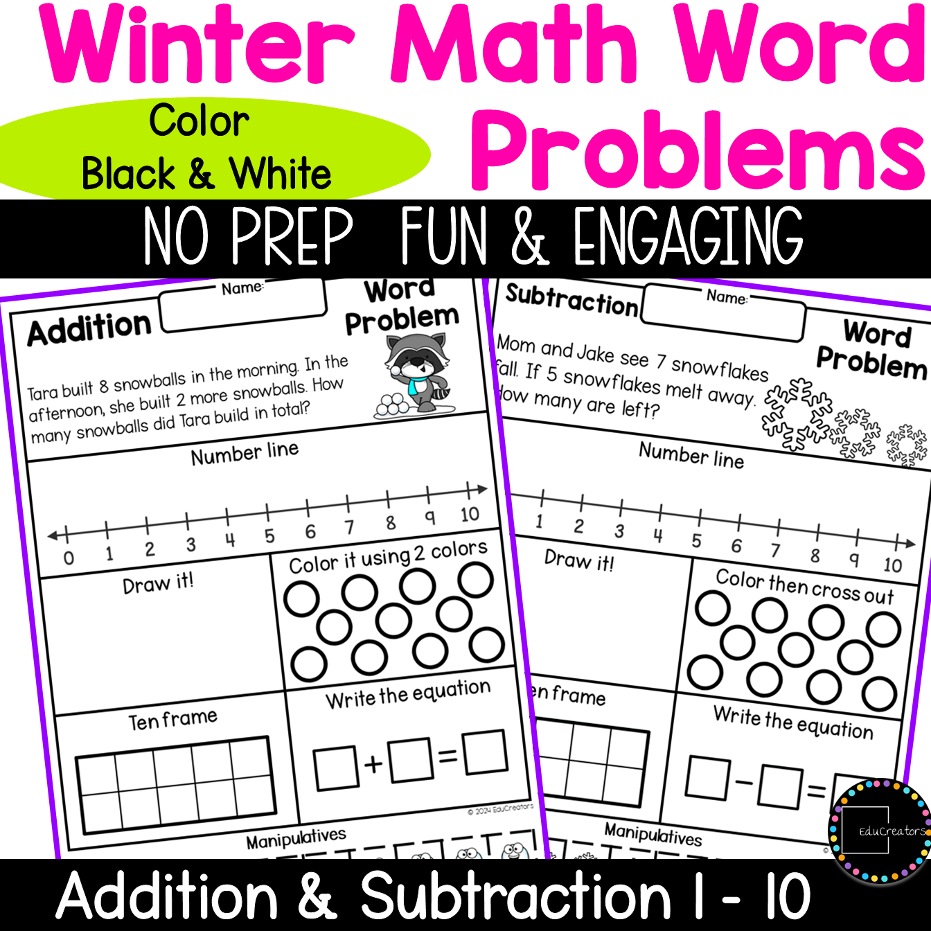 Winter Math One Step Addition and Subtraction Word Problems within 10 ...