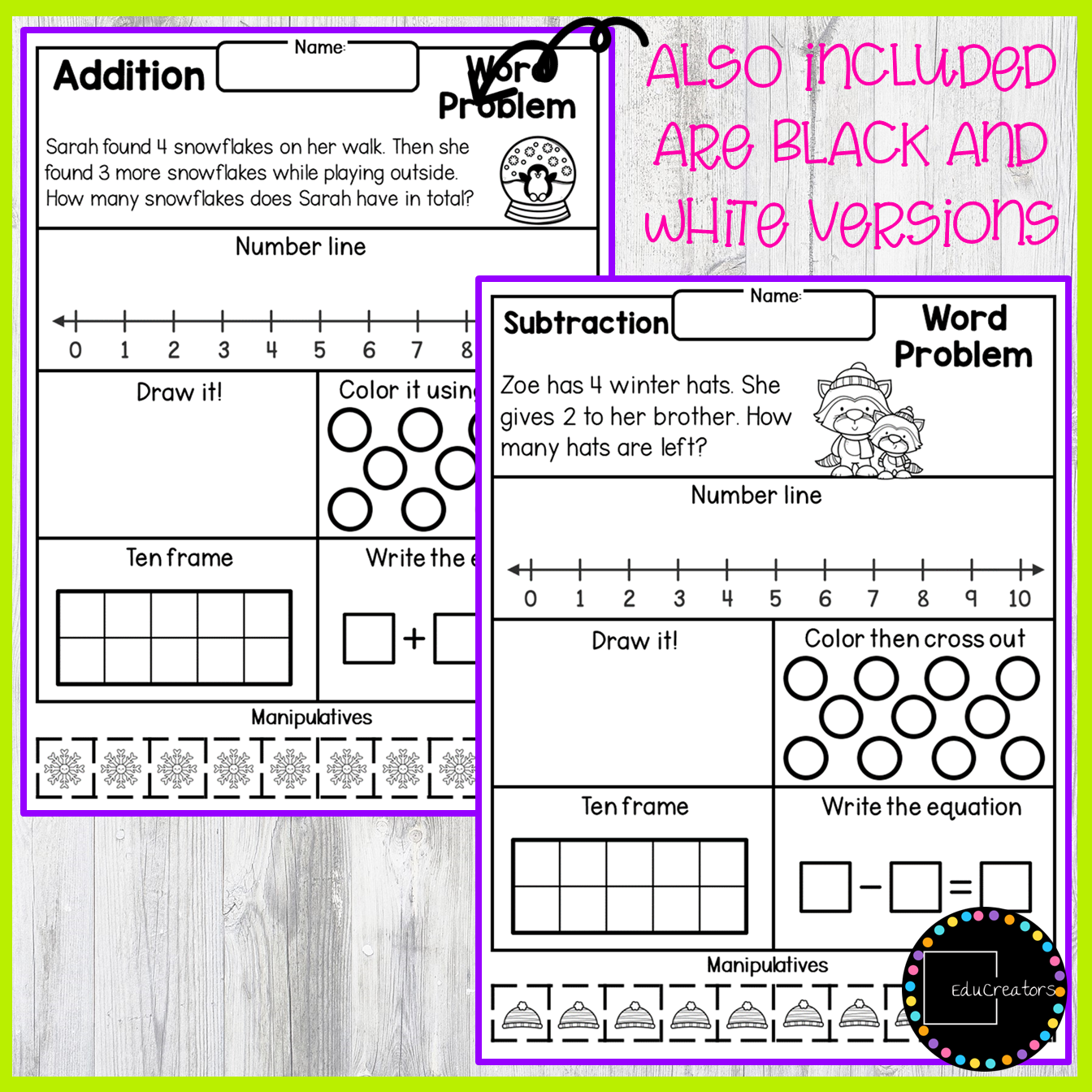 Winter Math One Step Addition and Subtraction Word Problems within 10 ...