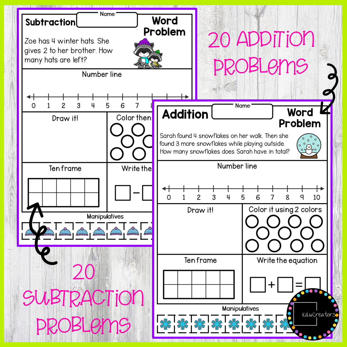 Winter Math One Step Addition and Subtraction Word Problems within 10 ...