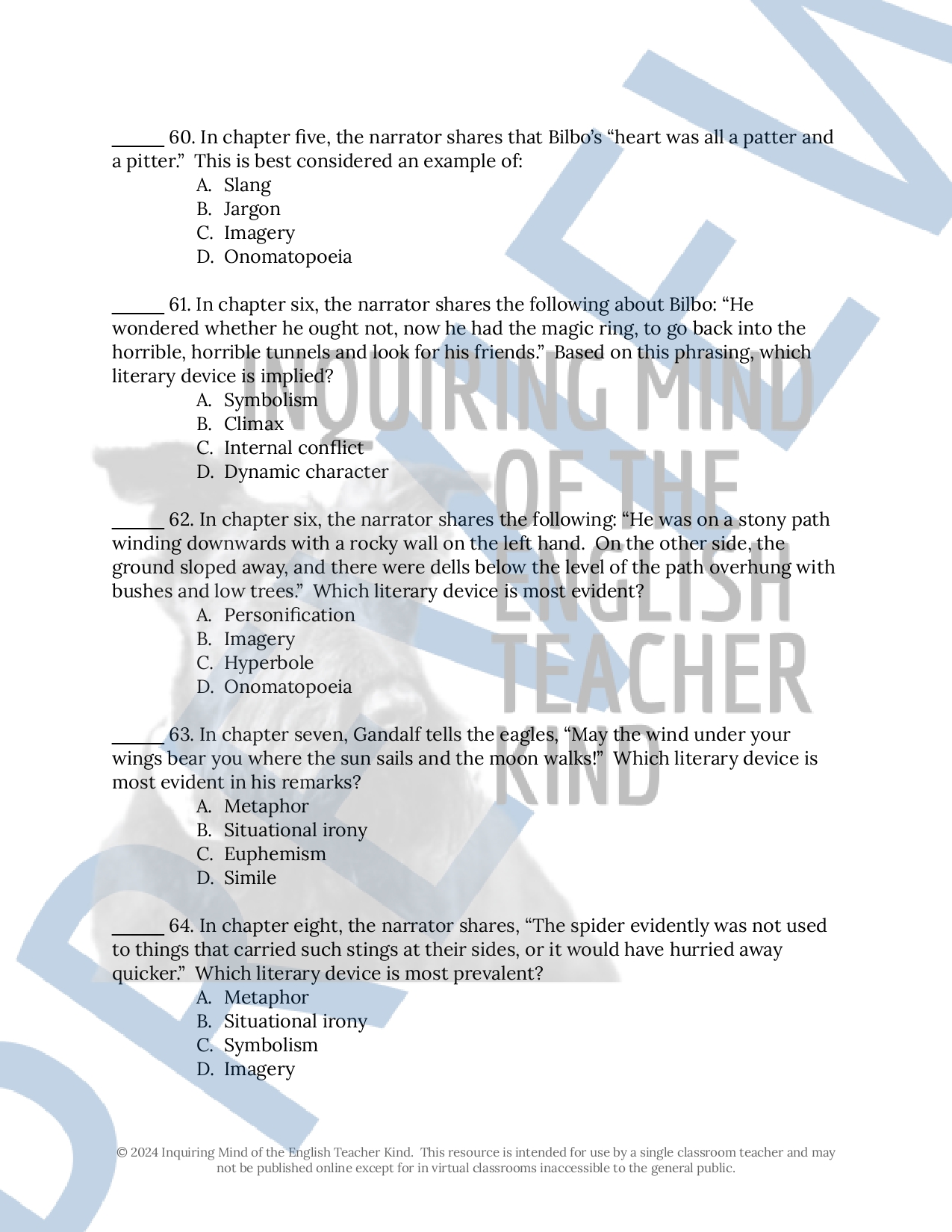 The Hobbit Test and Answer Key for High School - Classful